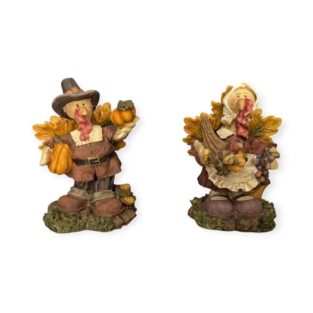 Mr & Mrs Turkey Hand Painted 3D Resin Figurine Holiday Thanksgiving Fall Autumn
